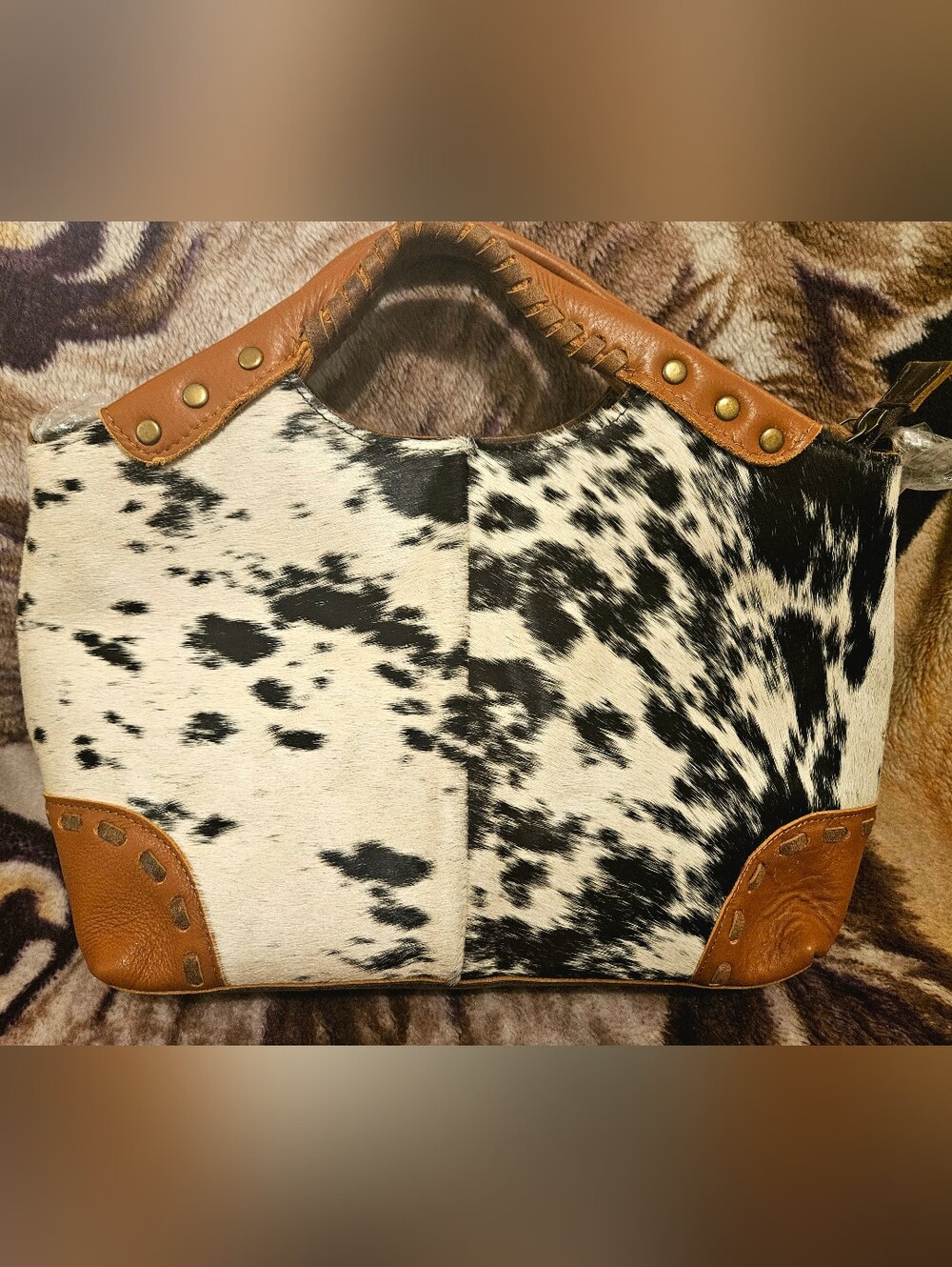 Cowhide Black and White Tote with Tan Leather Trim